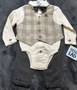 Little Lad 3/6 Month Baby Bodysuit Bow tie Set Tan Gray Herringbone Pants NWT - Picture 1 of 2