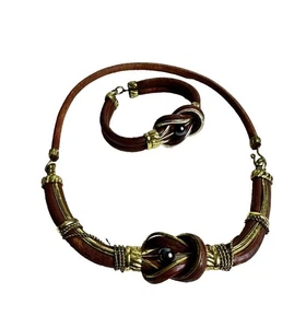 Vtg 1970s Alexis Kirk Tribal Necklace Bracelet Set Brown Leather Copper Brass KC - Picture 1 of 7