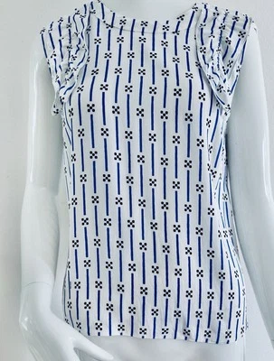 🔷PRADA Top Blouse Sable Damier Riga Viscose White Royal Blue Logo Size IT42 S🔷 - Image 1 of 4