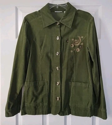 Ms. Lee Corduroy Jacket Shirt Lightweight Embroidered Green Womens Size M - Image 1 of 4