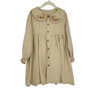 Girls 5Y Hand Made 100% Linen Dress Embroidered Button Front Long Sleeve Boho - Picture 1 of 10