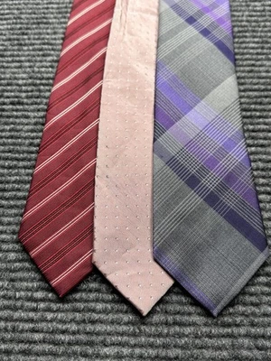 Kenneth Cole Reaction Ties Mens Silk Lot of 3 Red Stripe Pink Dot Purple Plaid - Image 1 of 4