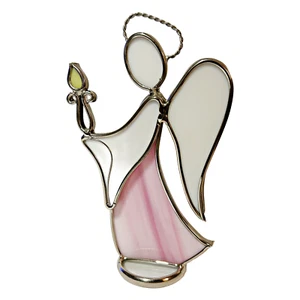 Stained Glass Angel Holding A Candle Figurine Pink & White Shelf Sitter 3D 6.25" - Picture 1 of 10