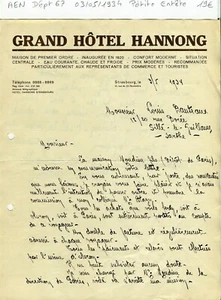 Dépt 67 - Strasbourg 15 Rue du 22 Novembre - Petite Entête d'un Hôtel 03/05/1934 - Foto 1 di 1