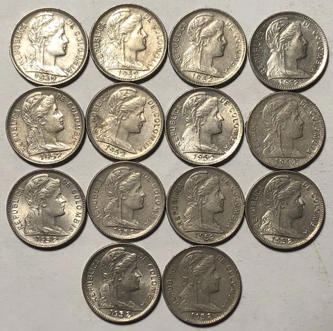 1952 Colombia 1 Centavo - KM275a - Weak Re-Punched Date - Lot of 14 Coins Cover