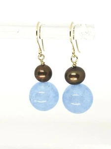 14k Yellow Gold Genuine Blue Jade and Freshwater Pearl Dangle Earrings - Picture 1 of 4