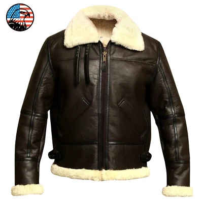 Men's RAF B3 Aviator Brown Real Leather Bomber Jacket Shearling Fur Pilot Flying - Image 1 of 4