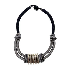 Vintage Metal Loop Black Cord Rope Statement Necklace Chunky Steampunk Brutalist - Picture 1 of 7