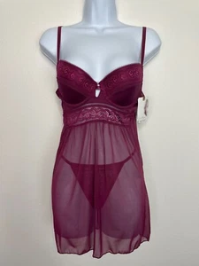 Jessica Simpson Medium Lace Babydoll Chemise Thong Panty Set Burgundy Mesh NWT - Picture 1 of 16