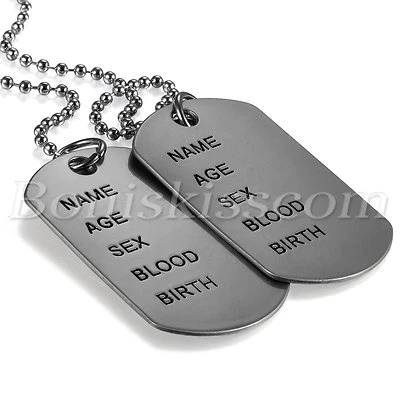 Mens Fashion Army Style 2 Dog Tags Address Engraved Pendant Necklace Chain 27.6" - Image 1 of 2