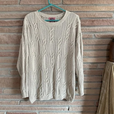 Suéter Cambridge Country Store 100 % seda tejido con cable beige grande Foto 1 de 4
