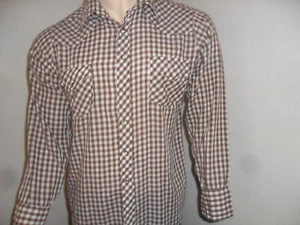 vtg SEARS WESTERN SHIRT Brown Tablecloth Check 70s 80s - Picture 1 of 3