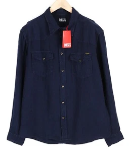 DIESEL S-East-Long-Lin Mens Shirt L Western Linen RRP€175 Spread Neck Dark Blue - Picture 1 of 10