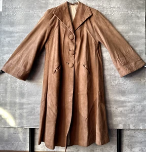 Vintage 1960s Brown Leather Suede Button-Up Full Length Coat Size L - Picture 1 of 5