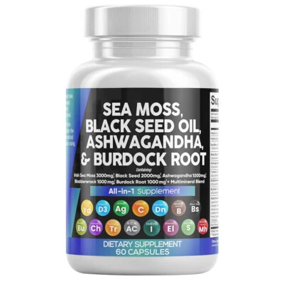 Muschio di mare, olio di semi neri, ashwagandha, integratore radice di bardana, 30-120 capsule - Immagine 1 di 4