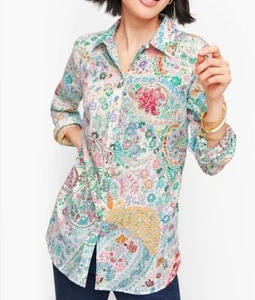 Talbots 100% Cotton Classic White Colorful Floral Paisley Button Up Shirt Sz L - Picture 1 of 4
