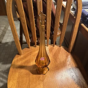 MCM Viking Amber 13” Bud Vase Swung Pedestal Glass Art 6 Panel TAG - Picture 1 of 7
