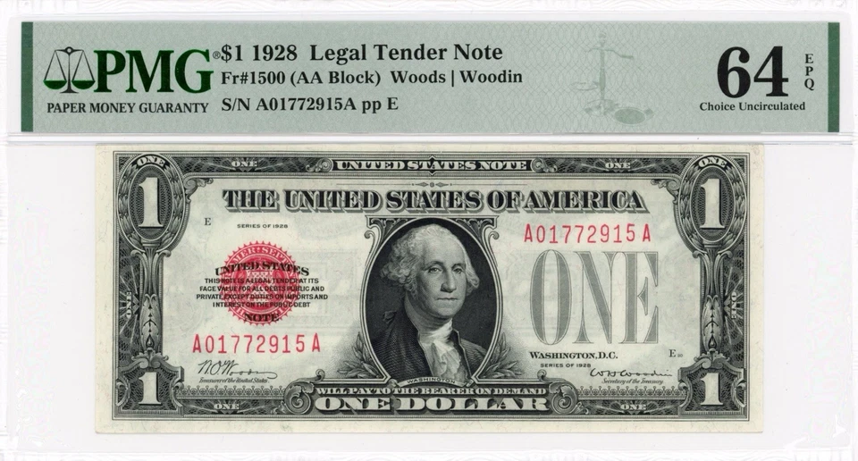 1928 $1 Legal Tender /US Note~FR 1500~PMG 64 EPQ ~ Red Seal Funnyback - Image 1 of 2