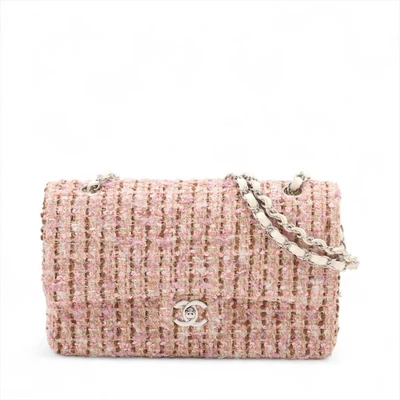 Bolso Chanel Matelasse 25 Tweed Doble Solapa Doble Cadena Rosa Plata Metal Montaje Foto 1 de 4