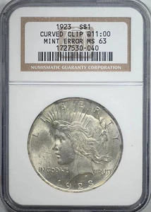 1923 Peace Dollar $1 NGC Mint Error MS63 Curved Clip @ 11:00 - Picture 1 of 5