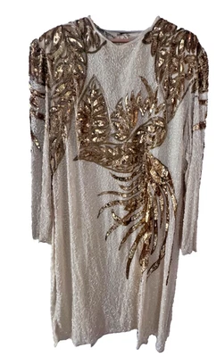 Vestido Jasdee Vintage Cuentas Crema y Dorado Lentejuelas Largo Medio Manga Larga Seda QL Foto 1 de 4