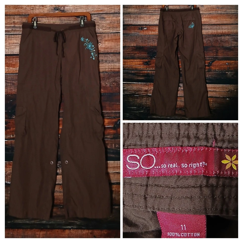 Pantalones cargo SO Vintage 11 marrón holgados bordados con cuentas lengüeta enrollable puños Y2K  Foto 1 de 4