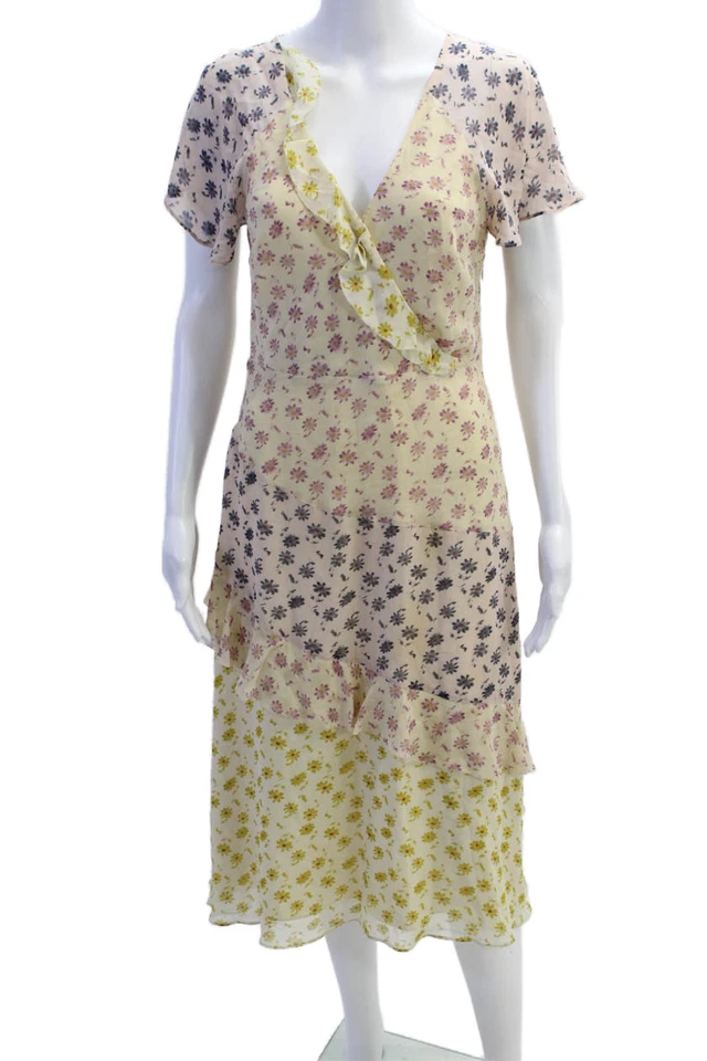Vestido midi floral de seda manga corta cuello en V blanco talla 6 Joie para mujer Foto 1 de 4
