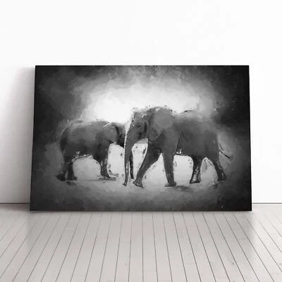 Elephants Crossing Paths In Abstract Animal Canvas Wall Art Print Framed Decor - Image 1 of 4