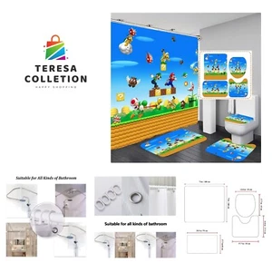 Mario Bathroom 4 Pieces Set Shower Curtain, Toilet Lid Cover and Bath Mat, No... - Picture 1 of 8