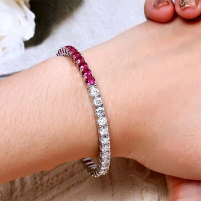 12.6Ct Lab Created Ruby & Diamond 14K White Gold Plated 4 MM Bangle Bracelets - Image 1 of 4