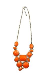 Statement Orange Tangerine Clear Geometric Rhinestone Bib Necklace 21" Gold Tone - Picture 1 of 24
