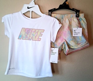 Nike Shorts Set 6 Girls Dri Fit White T-Shirt Multicolor Shorts Sanddrift - Picture 1 of 6
