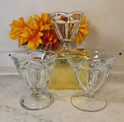 3 ANCHOR HOCKING TULIPÁN HELADO TRANSPARENTE 4" PATAS PLATO DE POSTRE VASO DE FRUTA Foto 1 de 4