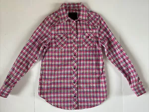 RQQBA Camicia Donna Taglia S Plaid Flanella Manica Lunga Bottoni Rosa Blu - Foto 1 di 7