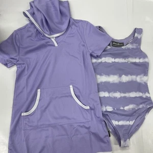 Eddie Bauer Little Girls 2 Piece Swim Set One Piece Swimsuit & Cover Up - PURPLE - Picture 1 of 15