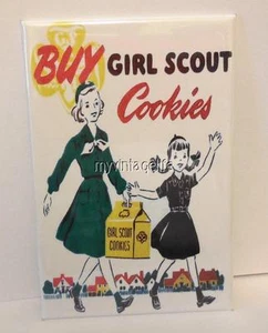 Vintage BUY GIRL SCOUT COOKIES  2" x 3" Fridge MAGNET Art SCOUTING - Picture 1 of 1