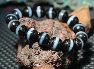 Healing Energy Tibetan Old Agate One Line Medicine dZi Bead Bracelet Totem 14mms - Picture 1 of 10