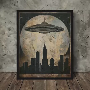 UFO MOON CITY Wall Art, Vintage Sci-fi Alien UAP Poster, NHI Cryptid Stars Decor - Picture 1 of 17