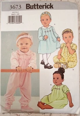 BUTTERICK 3673 Sewing Pattern VTG 2002 UNCUT Infant Jumpsuit Dress Headband OS - Image 1 of 4