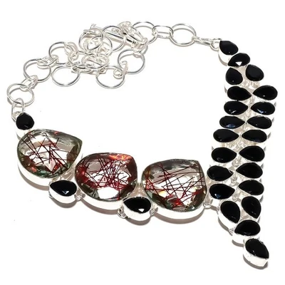 Rosso Rutilo Quarzo, Onice Gemma 925 Argento Sterling Gioielli Collana - Immagine 1 di 4