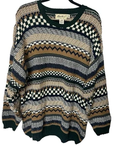 VTG 90s Eddie Bauer Mens XL Chunky Knit Striped Brown Black Sweater Cotton USA - Picture 1 of 7