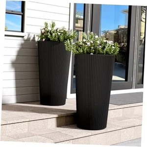 23.6" Tall Planter for Outdoor Plants Set of 2 Large Outdoor Plastic Striped - Picture 1 of 8
