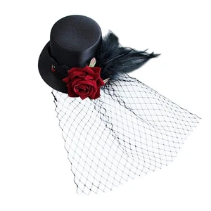 Small Black Top Hat Hair Clip, Veil, Flower Decor, Masquerade, Halloween - Picture 1 of 9