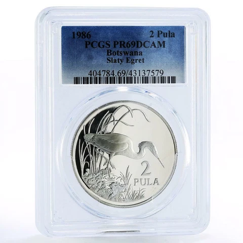 Botswana 2 pula Wildlife Fund Sluty Egret Bird PR69 PCGS silver coin 1986 Cover