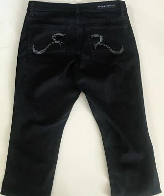 Rock & Republic Blue Stretch Capri Pants Roskilde Dark Wash Rhinestone Logo 12 - Image 1 of 4
