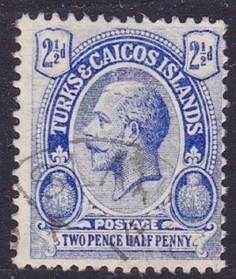 TURKS & CAICOS #28 USADO 2 1/2p ULTRA KING GEORGE V WMK. 3 DESQUICIADOS Foto 1 de 2