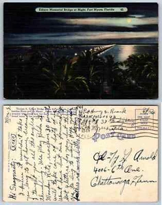 postcard - Edison Memorial Bridge at Night, Fort Myers, Florida - Imagen 1 de 1