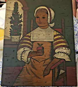 Dipinto Vintage Dipinto Per Numero Pellegrino Puritano Ragazza Arte Popolare Naif Primitivo - Foto 1 di 10