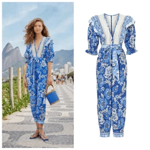 NUEVO CON ETIQUETAS FARM RIO Mujer Lleno de Flores Cuello en V Volantes Mono Azul Blanco Mediano - Imagen 1 de 16