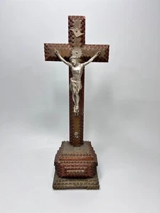 Antiguo arte vagabundo creyente tallado en madera metal crucifijo casa altar cruz 12"" 19c - Imagen 1 de 14